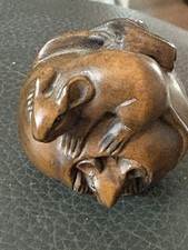 Netsuke Antique Boxwood Mouse ON & IN fruit 4cm length, 3.5cm height. 