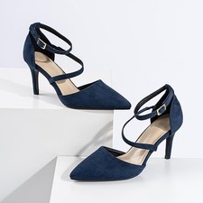 Rodawu Womens Court Shoes Pointed Toe High Heels Ankle Strap Navy UK8