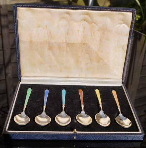 Silver enamel spoons boxed - silver,