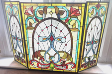STUNNING ANTIQUE LEADED STAINED GLASS PANEL FIRE SCREEN