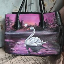 FRANCHETTI BOND MED HAND PAINTED BLACK LEATHER SHOULDER BAG A SWAN IN MOONLIGHT