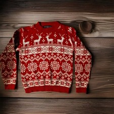 Unisex Christmas Argyle Jumper 4/5 Years Rib Cuff Reindeer Snowflake Pullover Uk