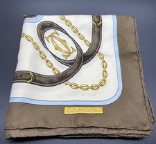 Authentic Must de Cartier Cream,Brown & Baby Blue Equestrian Silk Scarf