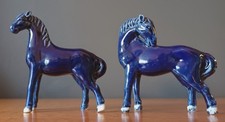 2 x Vintage Ceramic Blue Miniature Horse Figurines