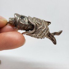 Antique Vintage 3 Articulated Gold Fish Sterling Silver Pendant Necklace
