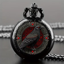 Gothic Design Black Raven Pocket Watch with Necklace Alloy Case & Band,Quartz Mo