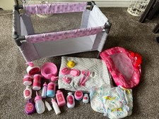 Tiny Treasures Doll Travel Cot Play Pen Grey Elephant Blanket Bottles Nappies
