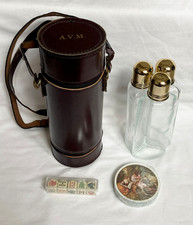Vintage Triple Glass Bottle Hip Flask, Poker Dice & Round Cards In Carrying Case