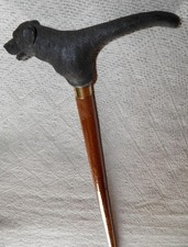 Antique Treen Walking Stick / Cane With Steel Rottweiler Dog Head Fritz Handle
