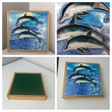 VINTAGE - Handmade Dolphin Sea Tile Wooden Pot Pan Plant Candle Stand Multi use