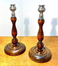 Vintage Wooden & Pewter Candlesticks – Pair of 25 cm Turned Wood Candle Holders