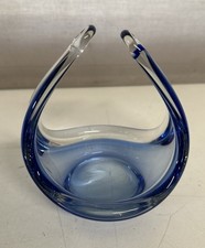 Murano Style Art Glass Blue & Clear Stretched Glass Basket Excellent Condition