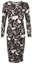 Womens Long Sleeve Printed Midi Dress Ladies Stretch Bodycon Jersey UK 8-26