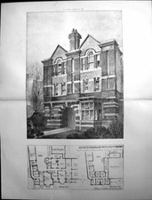 Original Old Antique Print Builder 1897 Architecture Plan Boarding House Rugby