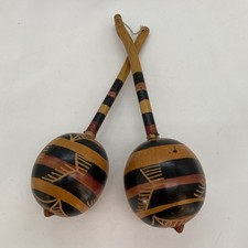 Vintage Pair Haitian Maracas Hand Painted Wood Rumba Shakers Haiti