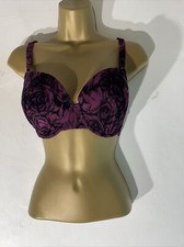 Womens Ultimo Uk 30FF Purple Padded Black Velour Flower Underwired Push Up Bra