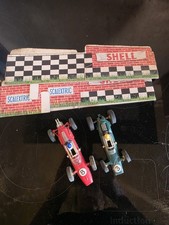 2 Vintage Scalextric Lotus C82 Slot Cars Red And Green And 2 Card Bridge Support