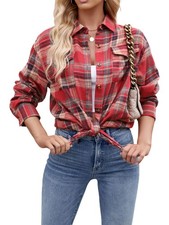 Womens Classic Button Down Plaid Flannel Shirts Long Sleeve Oversized2228