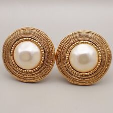 CHANEL Logo Imitation Pearl Round Button Earrings Clip-On GHW Vintage 64RK810