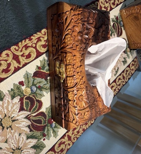 Hand carved wooden tissue box - carved,