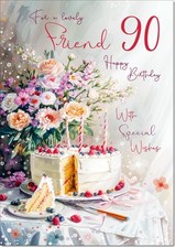 Doodlecards Friend 90th Birthday Card Age 90 Birthday Cake and Flowers