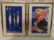 2x Japanese Excellently Framed & Mounted Woodblock Prints Cranes & Flower Cart
