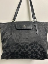 Coach 33475 Ward Signature Black Nylon Tote Bag With Leather Handles EUC