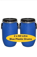 Storage Barrel Water Tank Open Top Blue Plastic Drum 2 X 60 Litre Food Grade