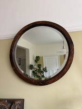 Antique early 20th century large Round bevelled oak Wood Wall Mirror 50cms
