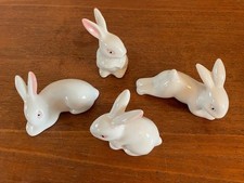 VINTAGE RABBIT WHITE GLAZED CERAMIC CUTE BUNNY FIGURINES COLLECTIBLE-4 PIECE SET