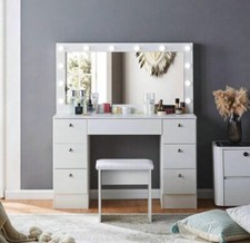 Modern Vanity Dressing Table Set with LED Mirror, 117cm Wide, 6 Drawers, White