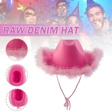 NEW Pink Cowgirl Hat Set Fluffy Feather Brim Cowboy Hat Bandana Sunglasses Party