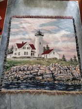 Vintage New England Lighthouse USA Woven Tapestry Throw Blanket Size 54" x 48"