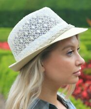 Ladies Sun Hat Trilby Panama Fedora Straw Womens white Brown Beige Size NEW UV