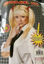 Adult Blonde School Girl Wig Red Bows Pigtail Bunches Fancy Dress