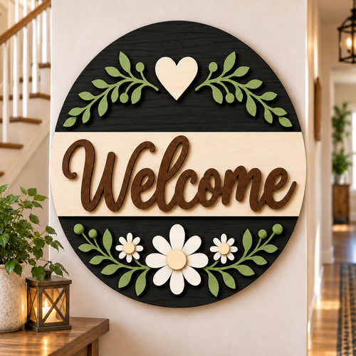 Floral welcome wooden sign - floral,