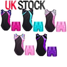 UK Girls Sparkle Gymnastic Leotard Unitard Ballet Dance Bodysuit with Shorts Set