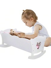 Large Dolls Wooden Rocking Cradle Cot Bed Crib w/Bedding Doll Furniture XMAS Gft