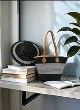 Set of ladies Vacation Summer Beach Stripe Straw Hat and Bag, Black and White