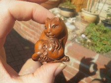 1a. Hand Carved wood netsuke Cat caught a mouse , boxwood collectable figure
