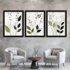 Minimalist Botanical Wall Art Set of 3 Prints Scandinavian Green & White Posters