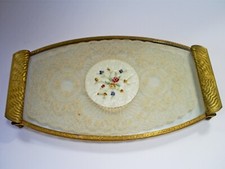 1930s RARE VINTAGE ART DECO  ORNATE BRASS PETIT POINT & LACE DRESSING TABLE TRAY