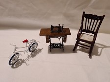 3 Unusual Dolls House Items Rocking Chair Bike & Vintage Style Sewing Machine