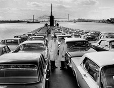 1963 Chryslers on Barge coming up Hudson River Triboro bridge 8 x 10 Photograph