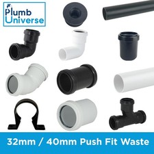 32mm, 40mm Push Fit Waste Pipe and Fittings  Bend, Tee Straight - Black / White