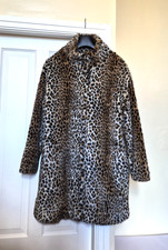 ZARA ANIMAL PRINT FAUX FUR COAT LEOPARD FUNNEL HIGH NECK M UK 12 VGC