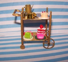 DOLLS HOUSE, HOSTESS TROLLEY, 12TH, GOLD METAL, CAKES, TEA SET, SERVING, VINTAGE