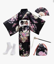 Japanese Geisha Yukata Long KIMONO ROBE Black Floral Blossom Outfit inc Bag New