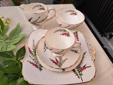 VINTAGE HEATHCOTE FINE BONE CHINA TEA SET 4 x TRIOS SUGAR MILK JUG CAKE PLATE