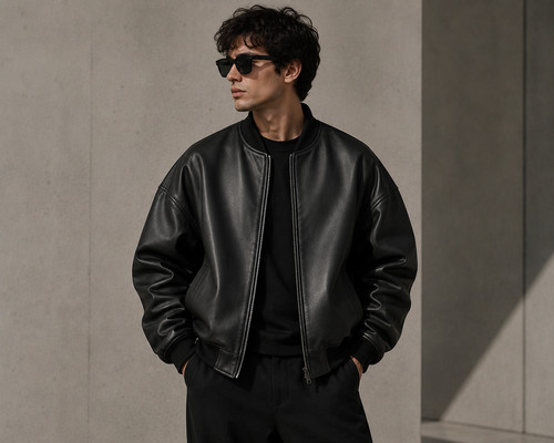 Oversized black leather bomber - black,